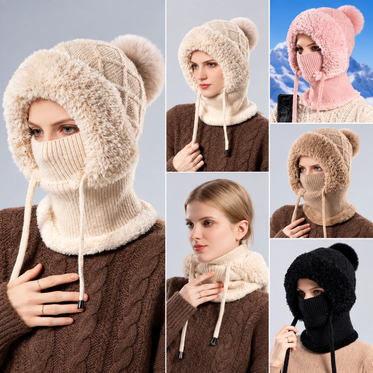 2 in 1 vinter ylleskeps för kvinnor med öronlappar cap mask